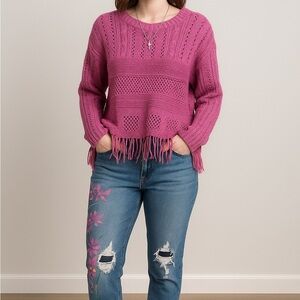 3 Piece Bundle Outfit - Floral Express jeans, pink fringe sweater, bow necklace